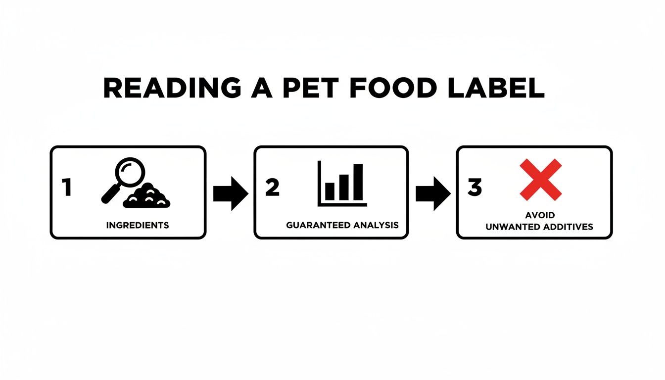 A three-step guide on reading pet food labels: ingredients, guaranteed analysis, and avoiding additives.