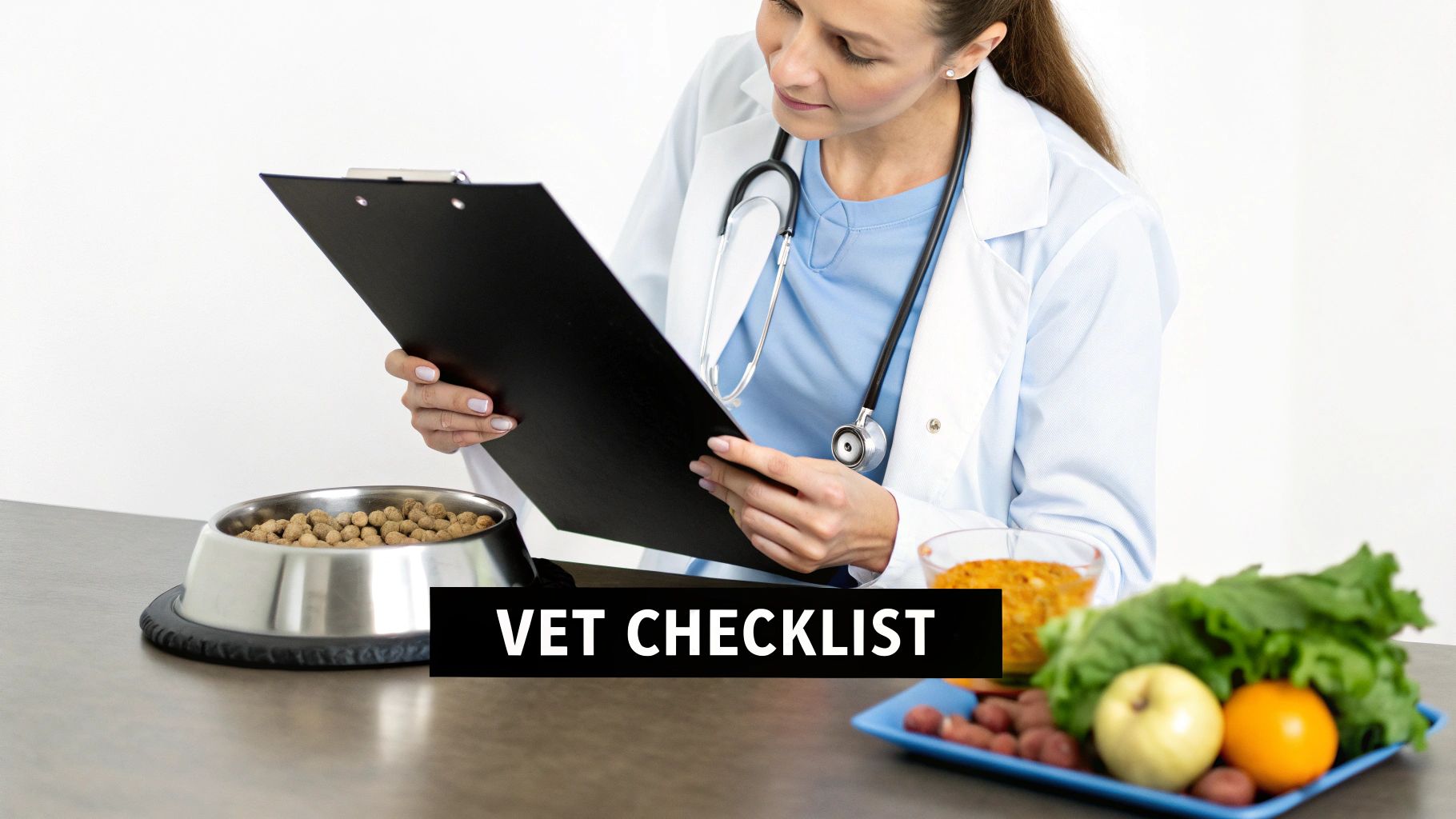 A female veterinarian with a stethoscope reviews a checklist next to bowls of pet food and fresh produce.