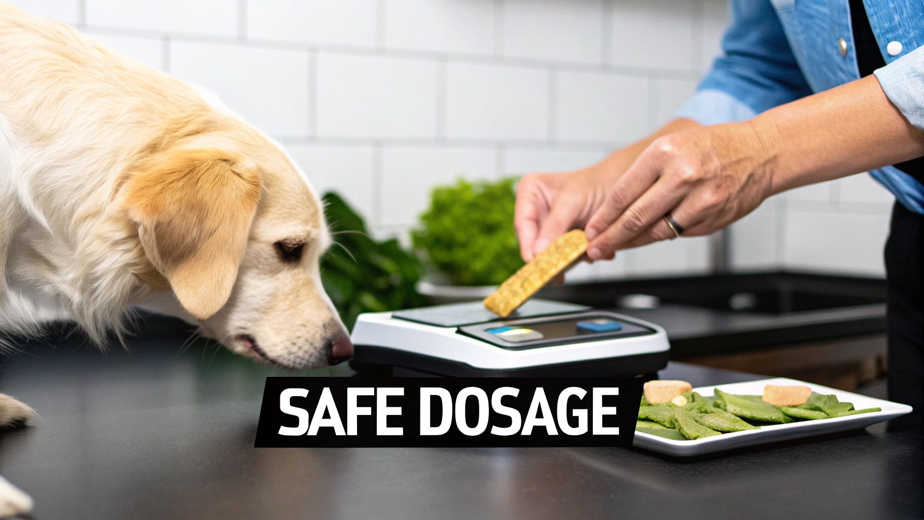 A veterinarian gently examines a calm dog's leg on an examination table.