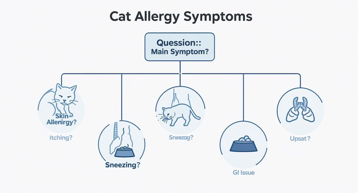 A flowchart diagram illustrating various cat allergy symptoms like skin issues, sneezing, and GI problems.