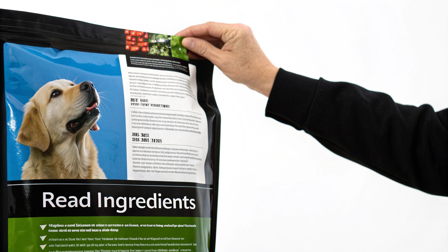 A person closely examining the ingredient list on a bag of dog food.