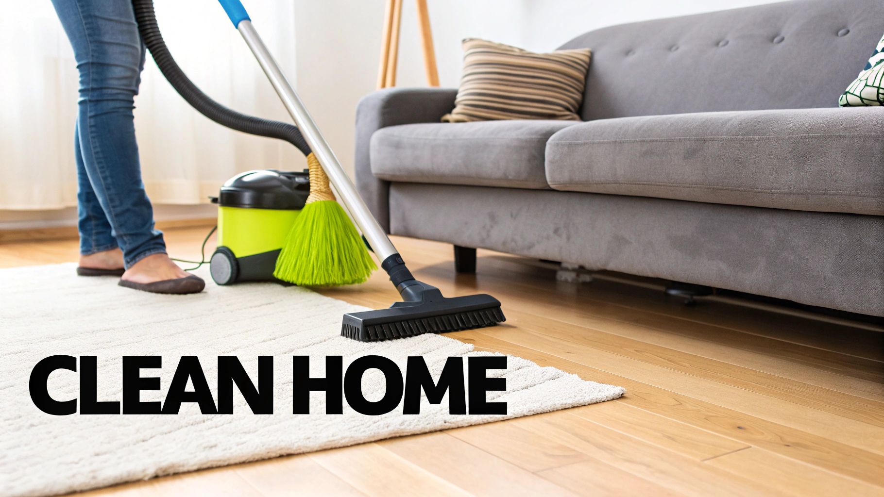 A person is vacuuming a light-colored rug on a wooden floor with a bright green vacuum cleaner, near a gray sofa.