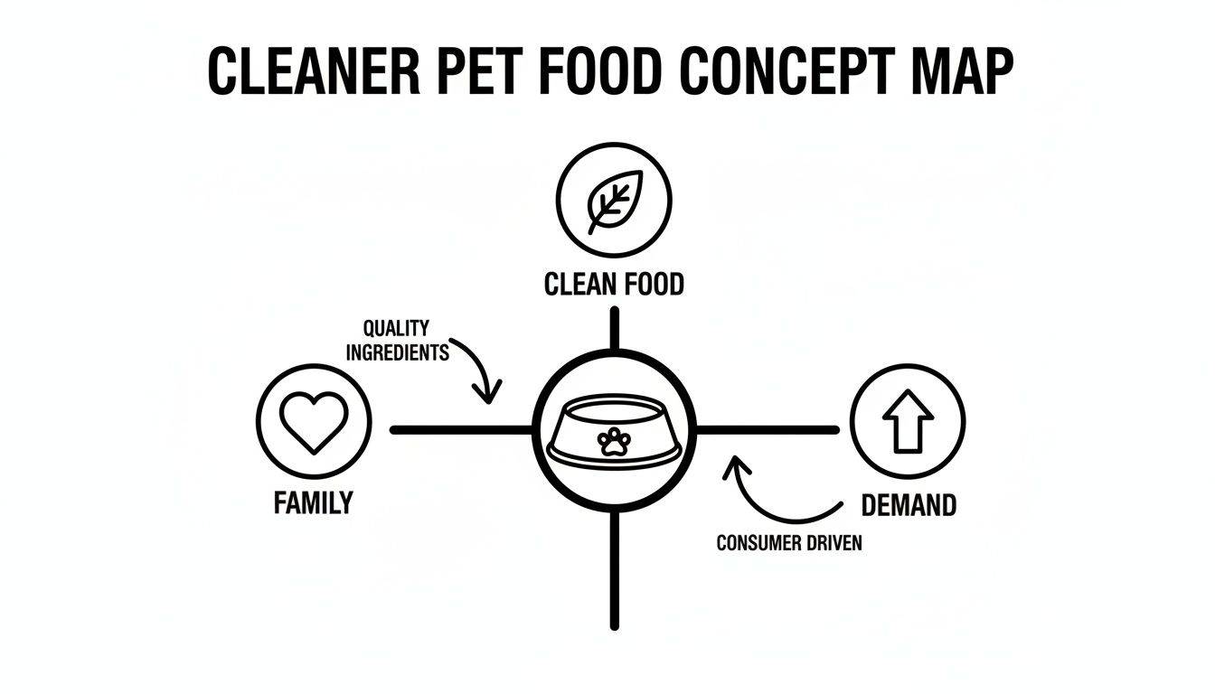 A concept map showing cleaner pet food, connecting clean food, family, and consumer demand.