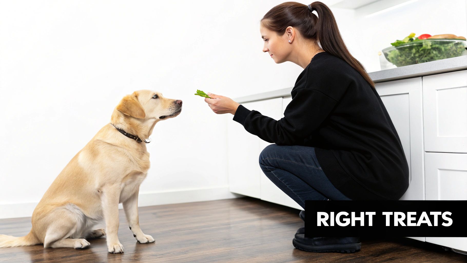 A woman offers a healthy green treat to a sitting golden Labrador retriever indoors.