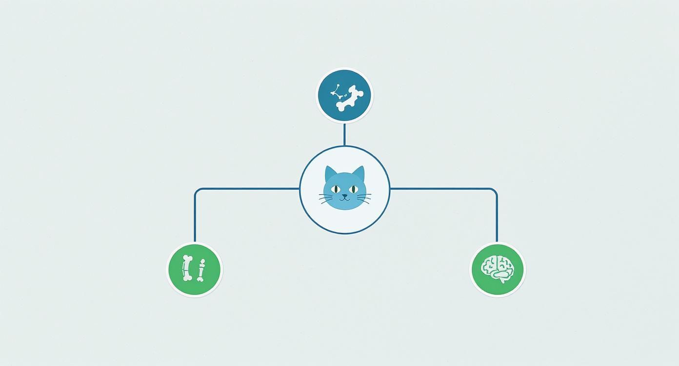 A diagram with a cat icon in the center, connecting to cells, bones, and brain icons, illustrating health benefits.