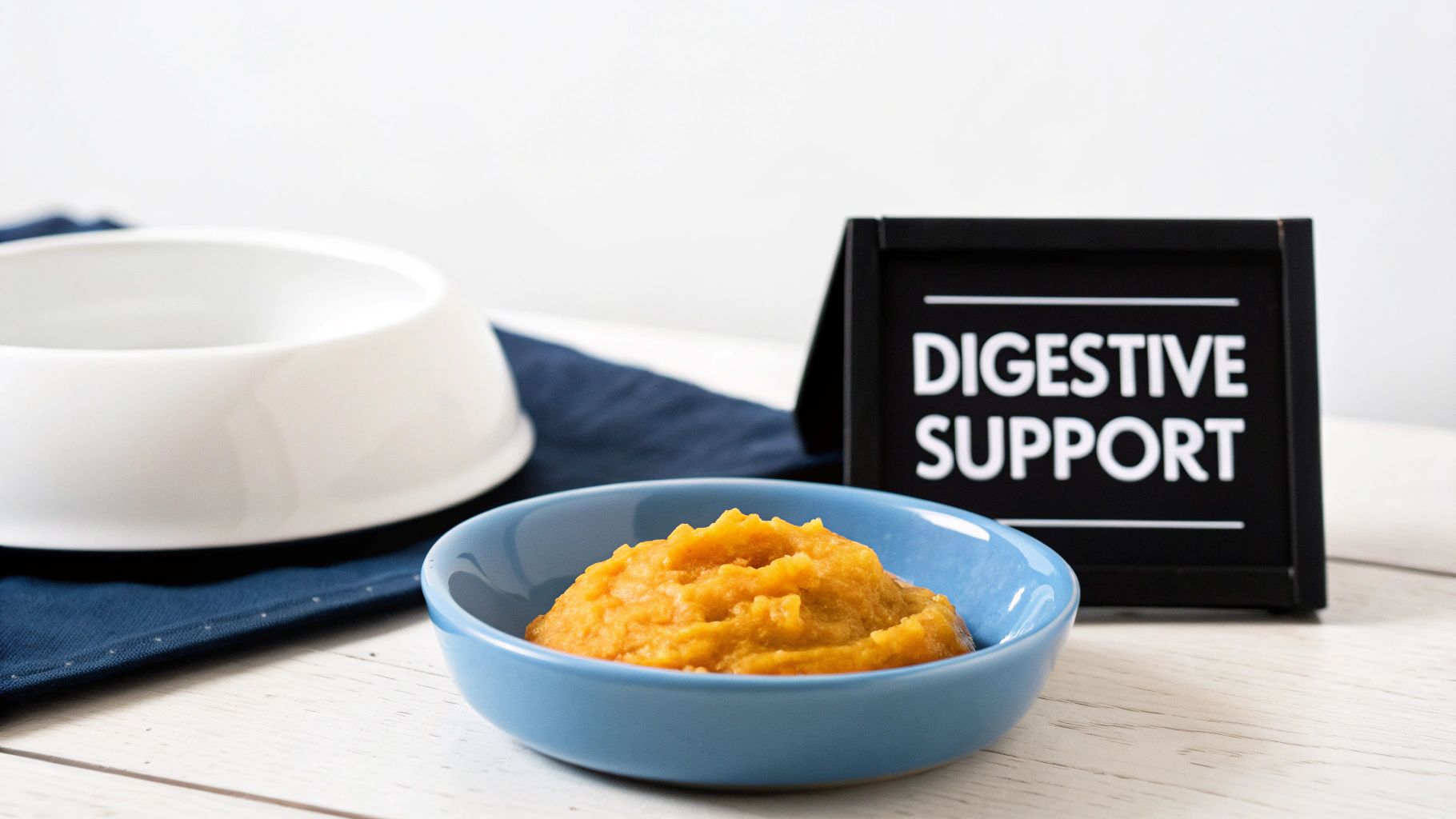 A blue bowl of pumpkin puree for pet digestive support, with an empty white bowl and a sign.