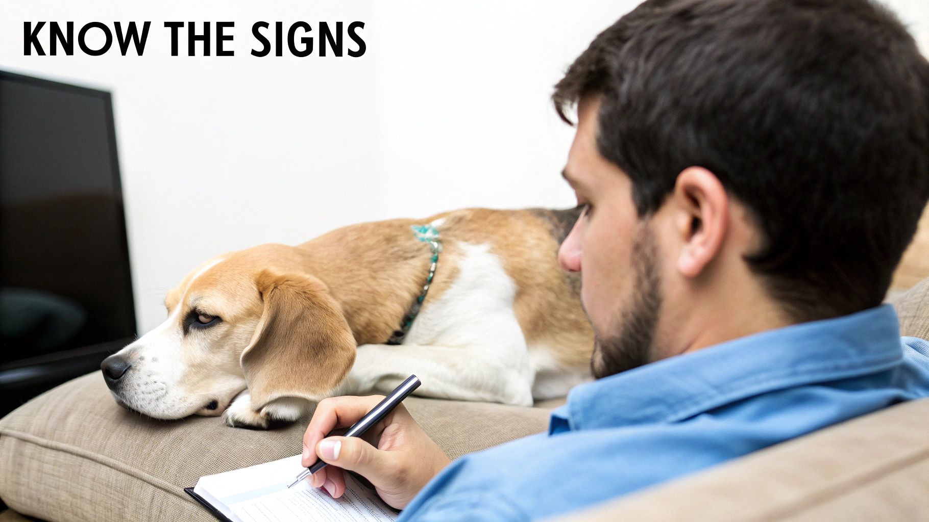 A man writes on a notepad with a beagle dog resting on the couch, 'KNOW THE SIGNS' overlay.