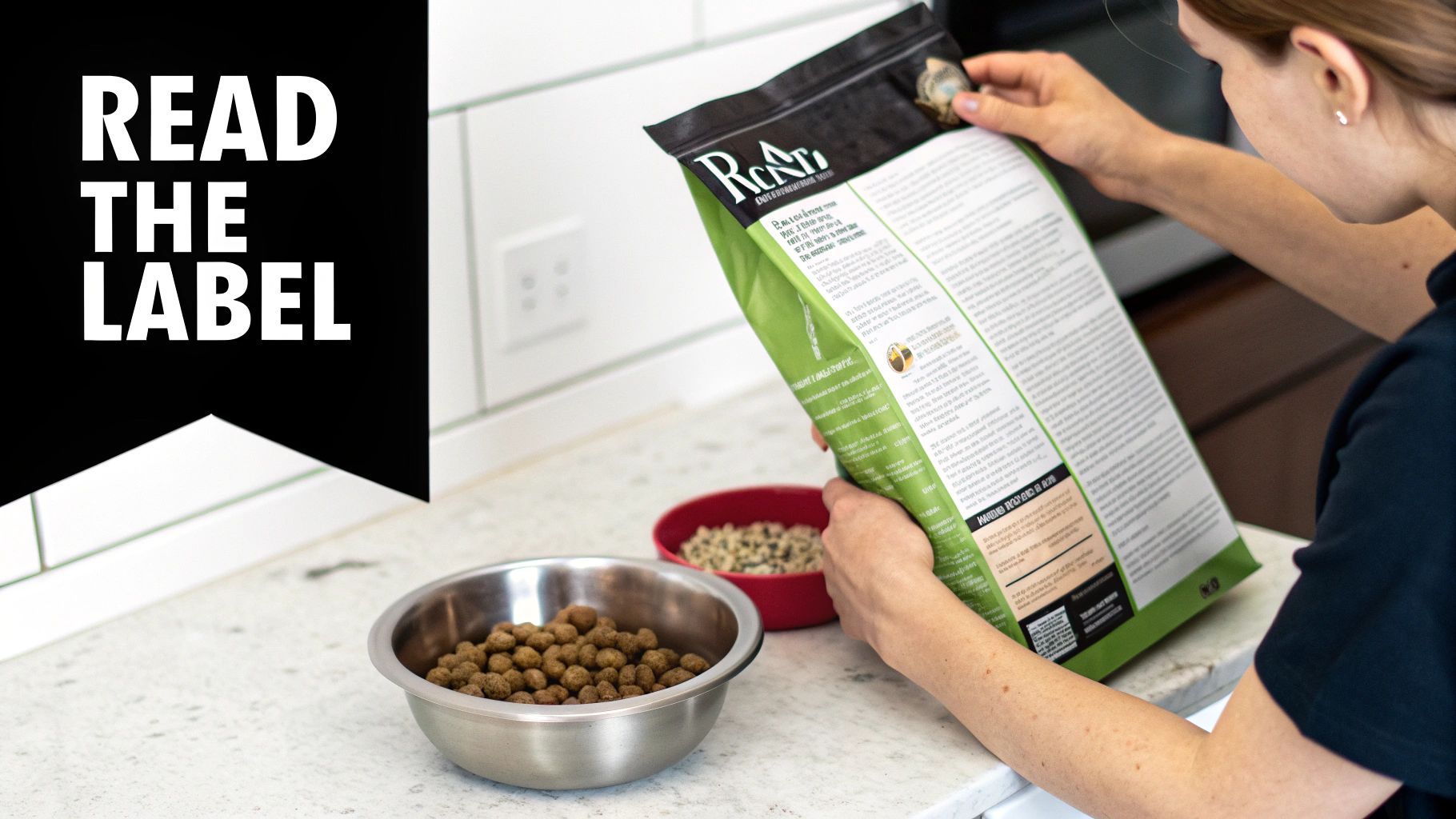 A person pours dog kibble from a 'Read The Label' branded bag into a stainless steel bowl on a counter.