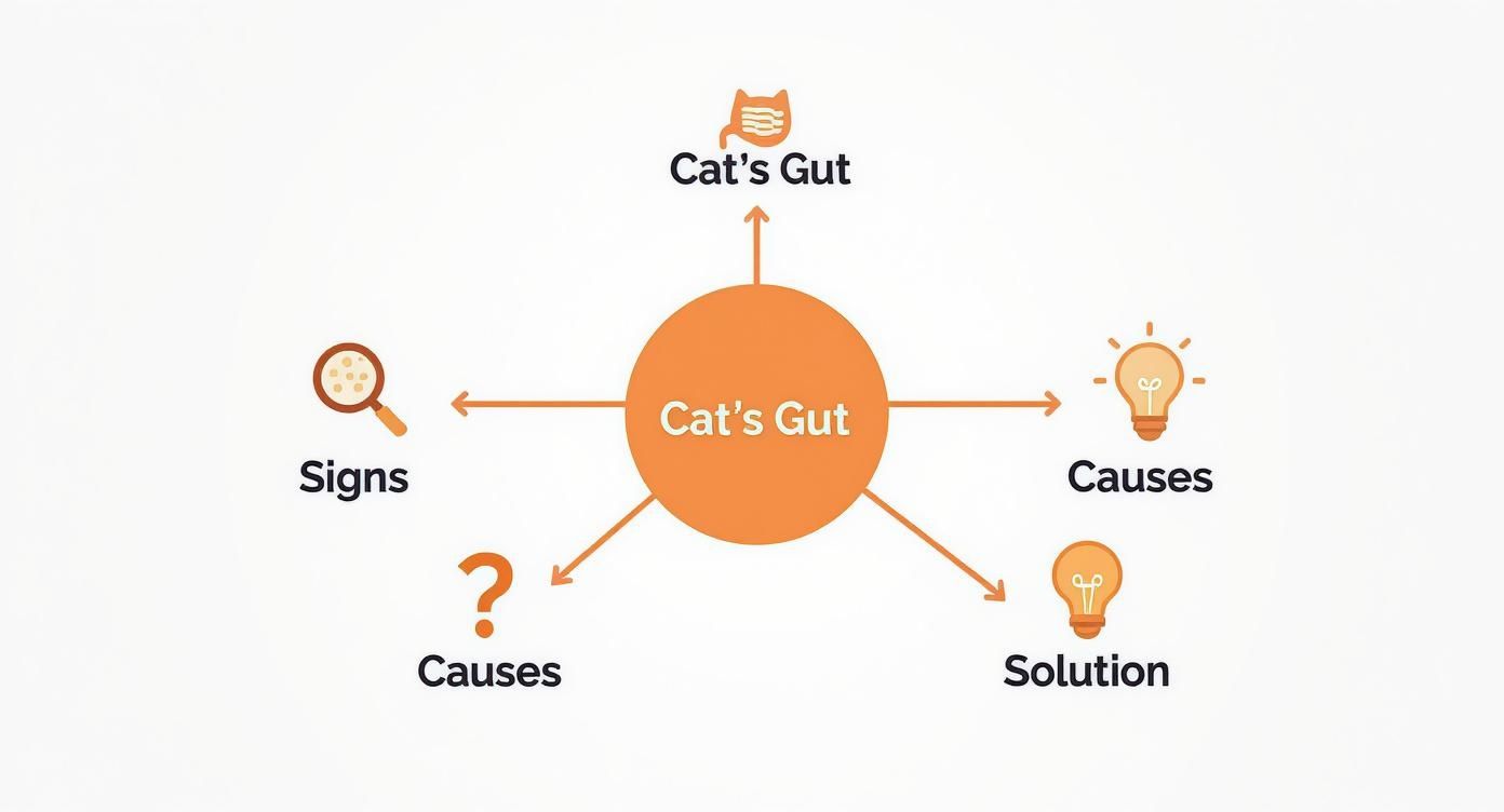 A mind map illustrating Cat's Gut, its signs, causes, and potential solutions.