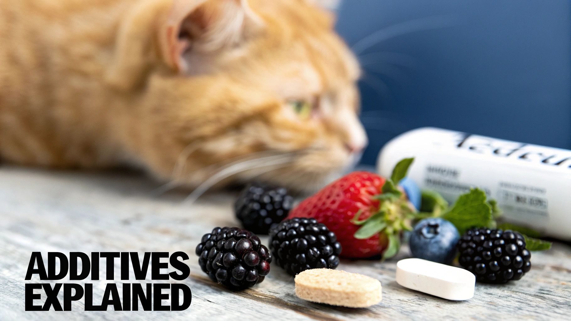 An orange cat looks at fresh berries, a strawberry, and supplement pills on a wooden surface.