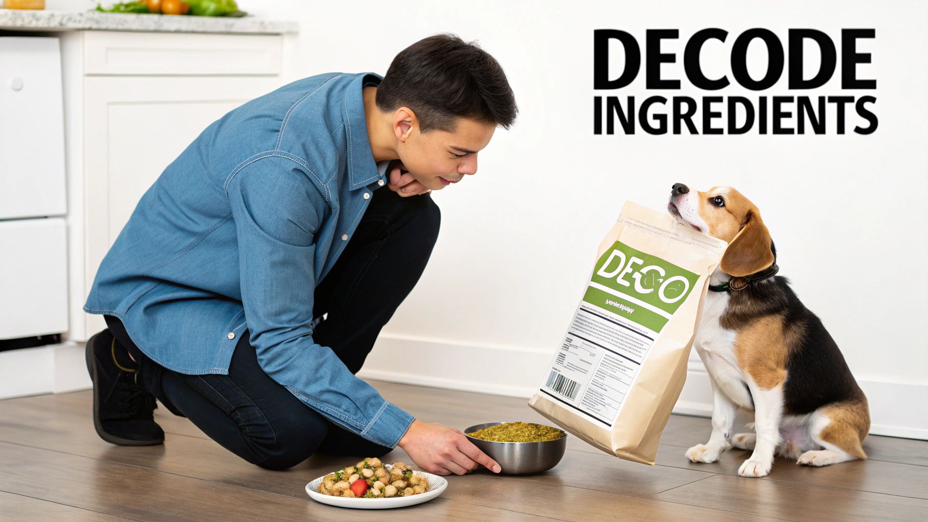 A man serves pet food from a "DECODE Ingredients" bag to a beagle dog.