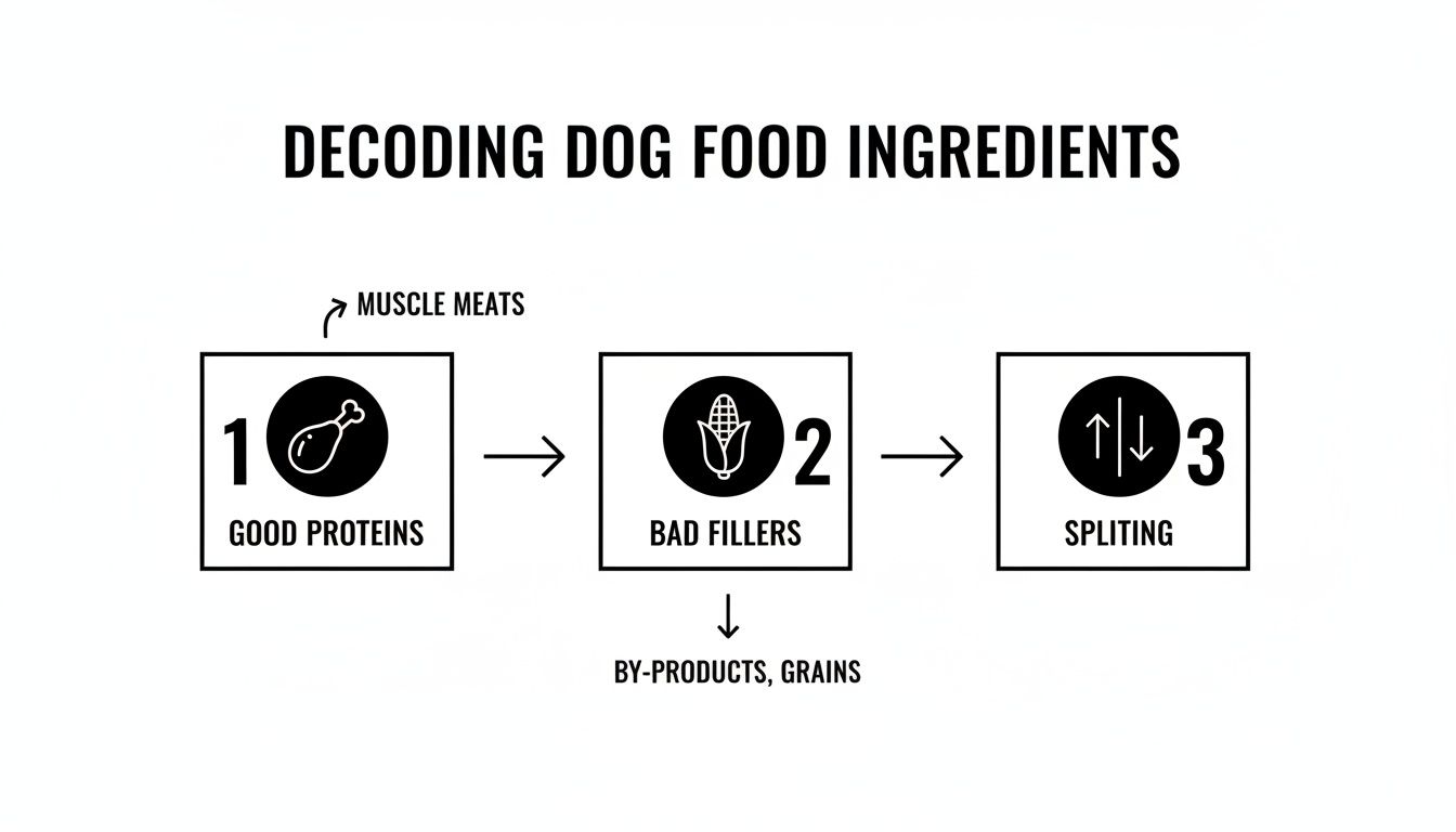 Flowchart illustrating how to understand dog food labels, highlighting good proteins, bad fillers, and splitting.