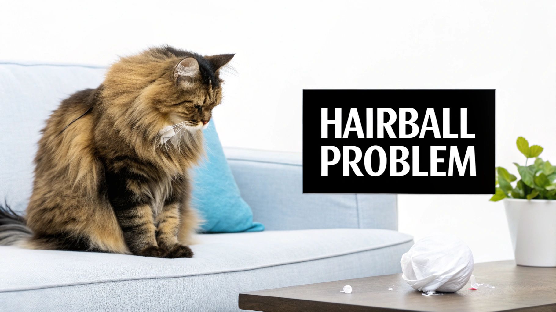 A long-haired cat on a couch looks at a hairball on a coffee table, highlighting a common problem.