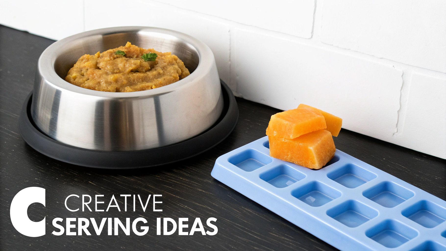 A stainless steel pet bowl filled with pureed food, next to frozen butternut squash cubes in a blue ice tray.