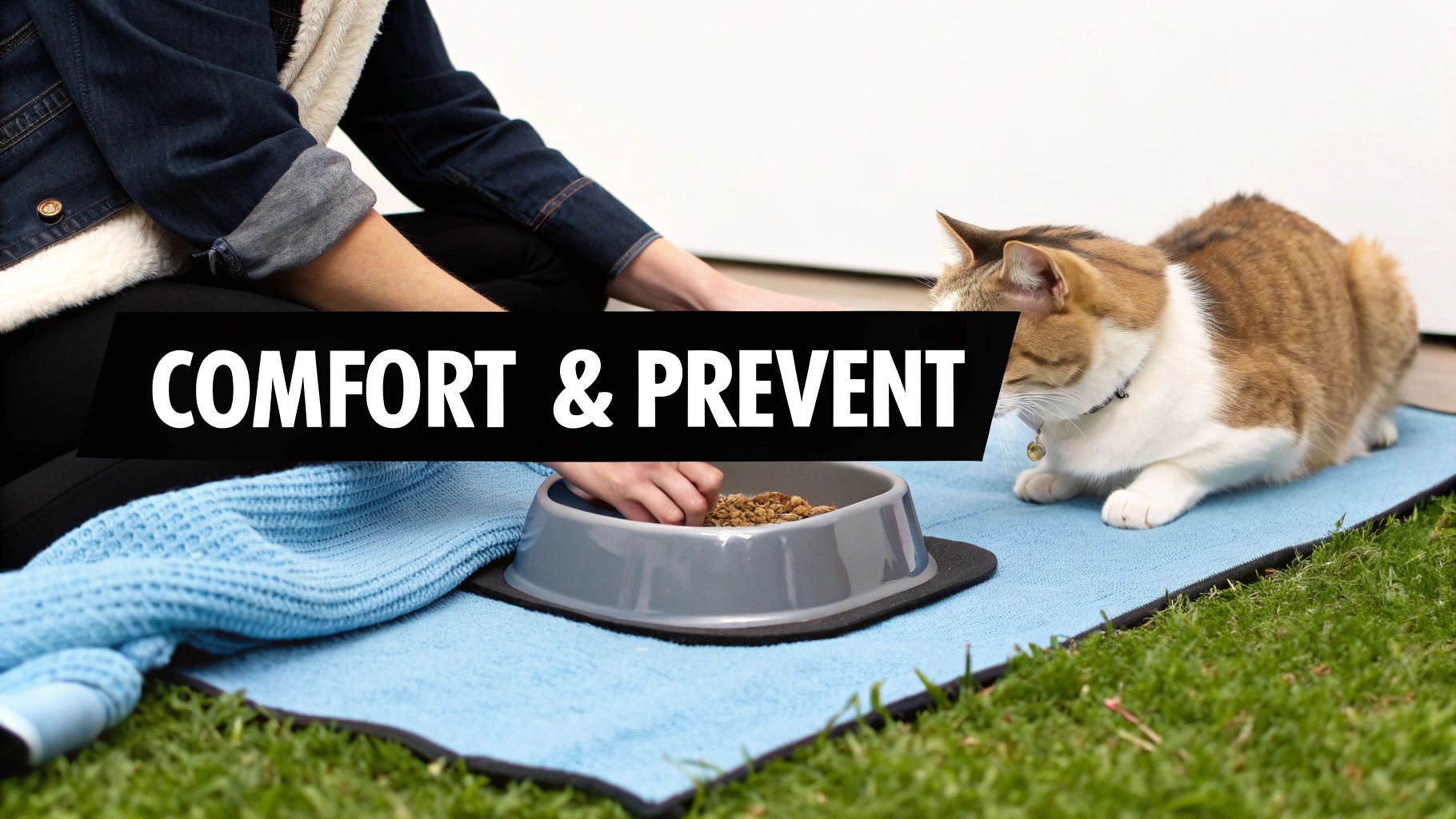A person puts food into a cat's bowl on a blue mat, next to a cat.
