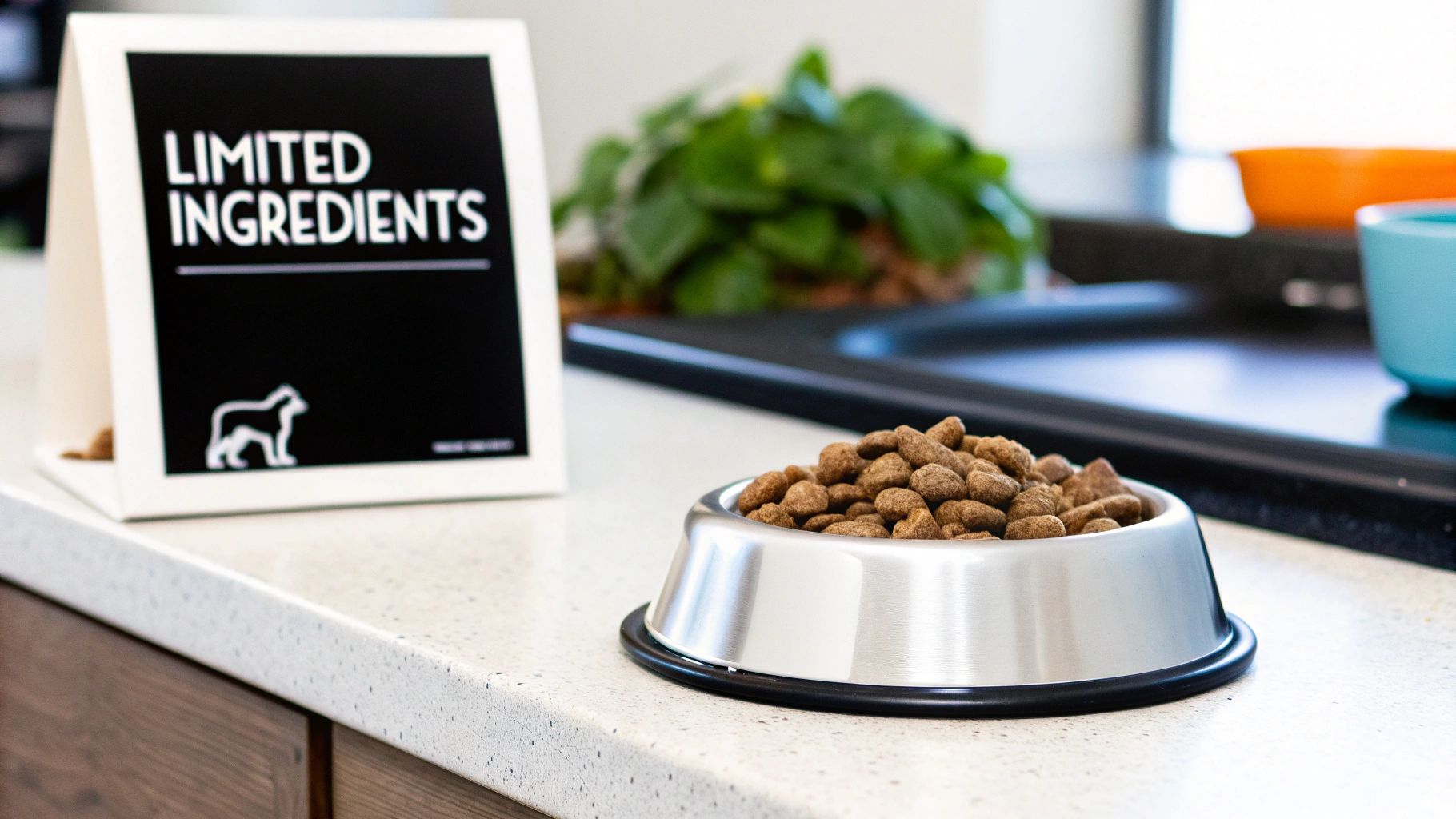 A stainless steel dog bowl overflowing with kibble next to a 'Limited Ingredients' sign on a white counter.