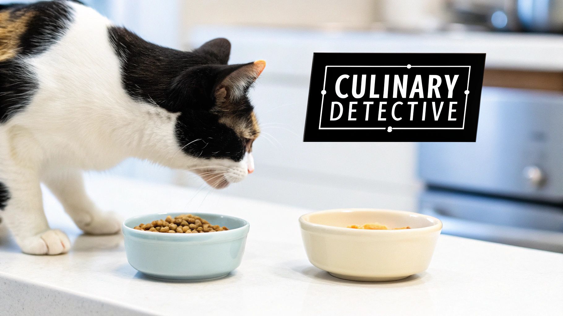 A close-up of a cat looking curiously at its food bowl, appearing selective.