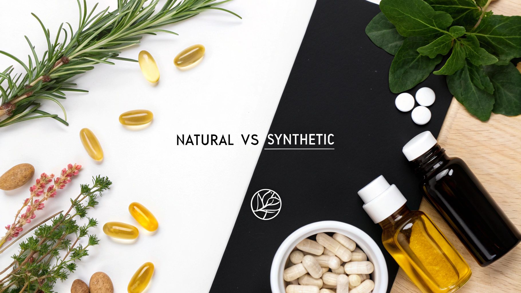 An assortment of fresh herbs and berries representing natural preservative sources