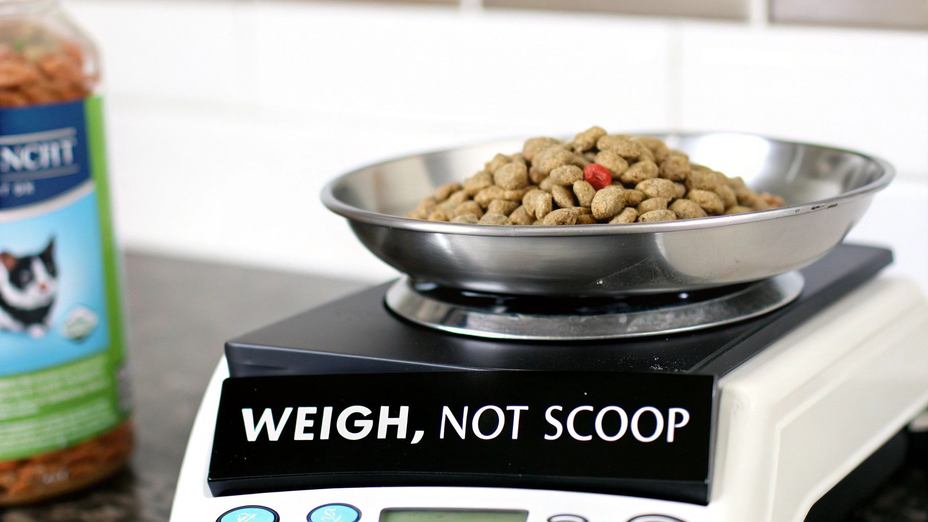 Close-up of a digital scale weighing dry cat food in a metal bowl, promoting accurate portions.