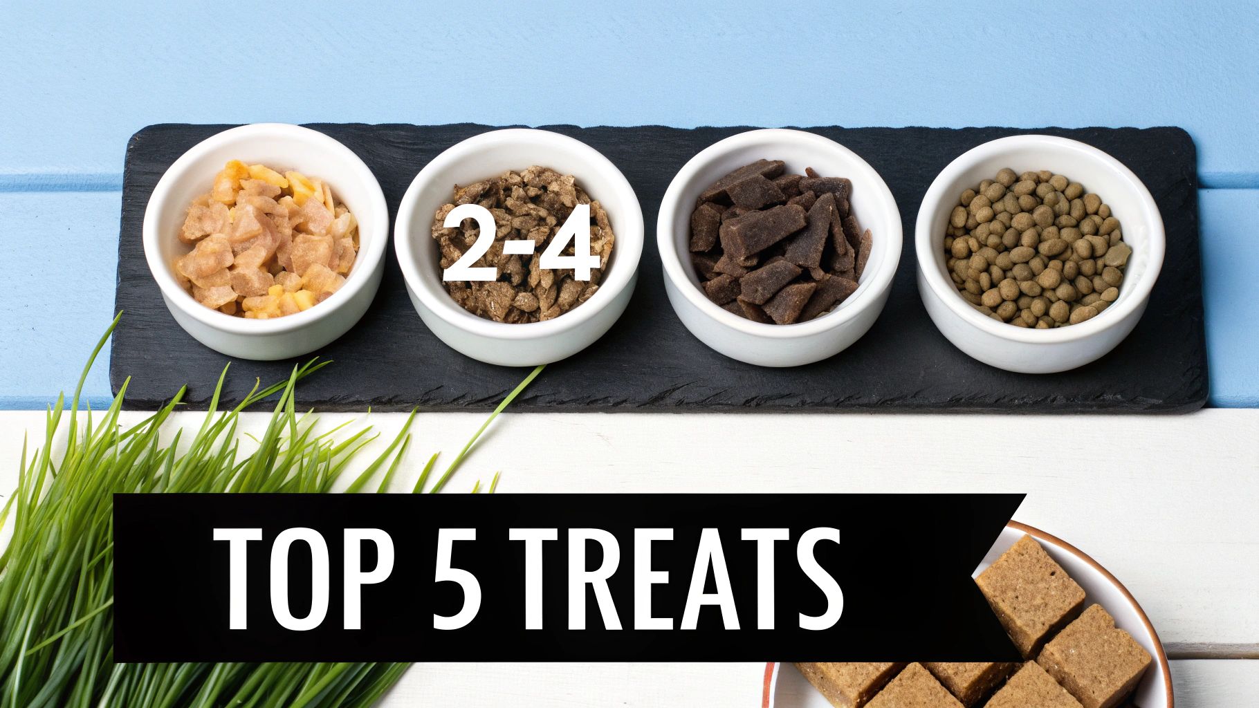 A top-down view of five different types of natural cat treats in bowls, displayed on a wooden surface.