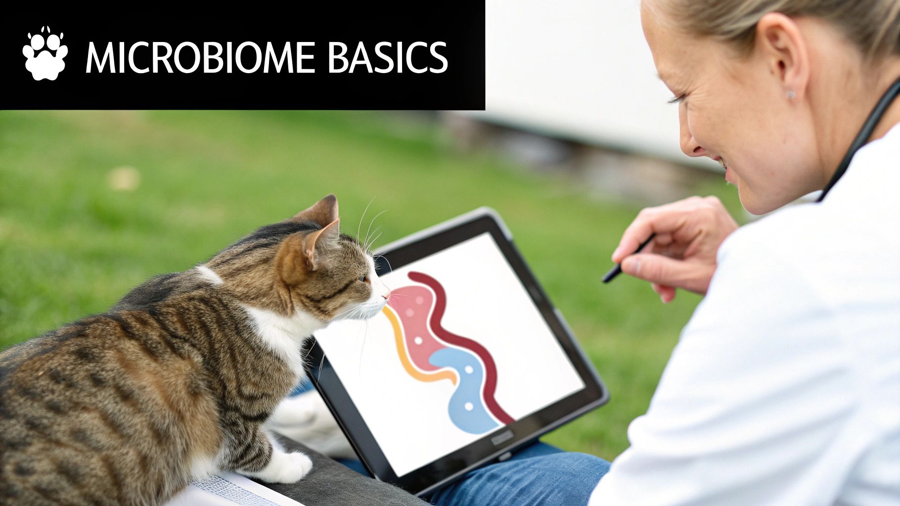 A vibrant illustration showing a cat's silhouette filled with a colorful, bustling ecosystem of good and bad bacteria.