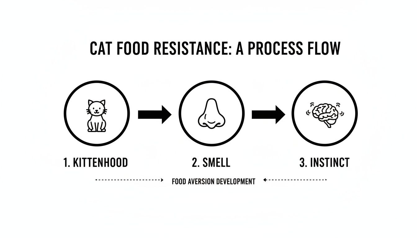 A process flow diagram illustrating cat food resistance, detailing kittenhood, smell, and instinct, linked to food aversion development.