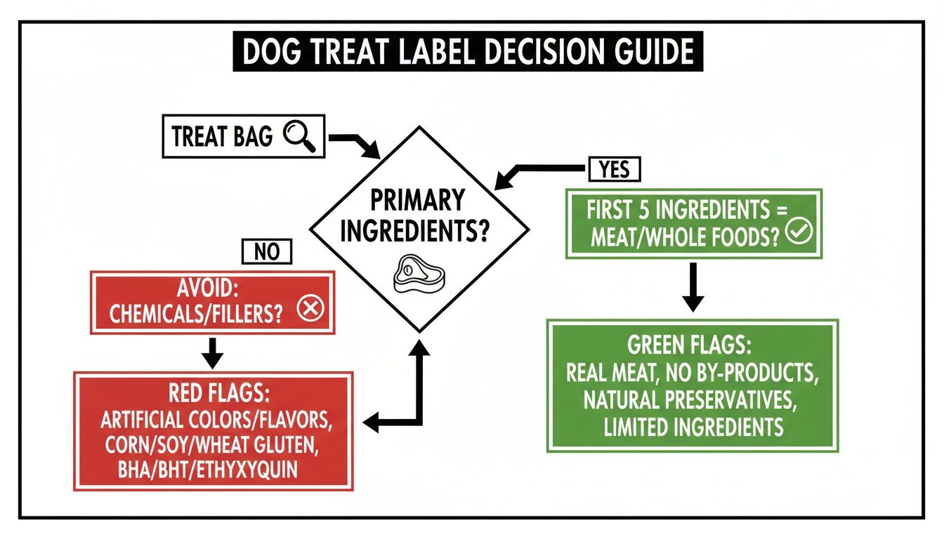 A decision guide flowchart for choosing dog treats, focusing on healthy ingredients and avoiding harmful ones.