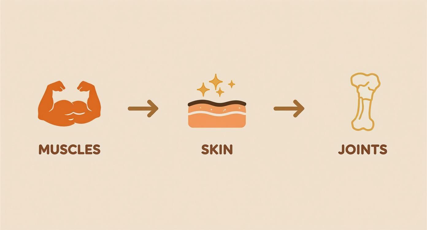 A visual representation of health benefits for muscles, skin, and joints, linked by arrows.