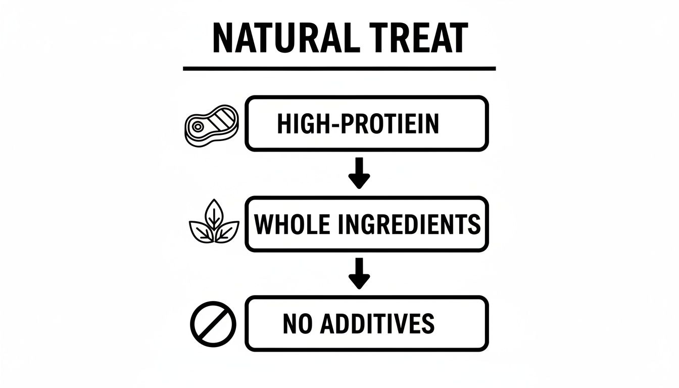 Diagram showing the benefits of a natural treat: high-protein, whole ingredients, and no additives.