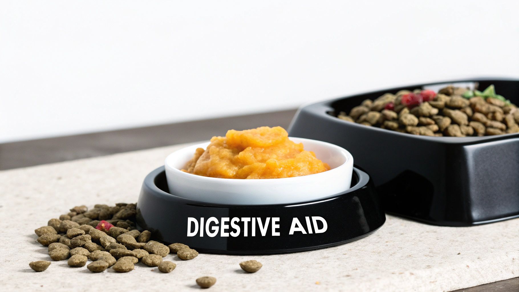 A close-up of a black pet bowl labeled "DIGESTIVE AID" containing pureed food, with dry kibble nearby.
