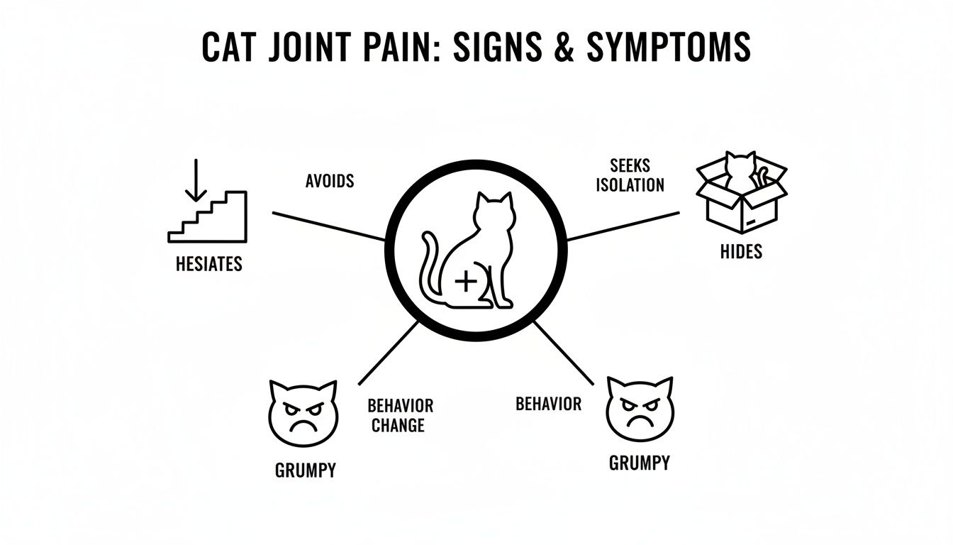 Infographic displaying signs and symptoms of cat joint pain: hesitates, avoids, seeks isolation, hides, behavior change, grumpy.