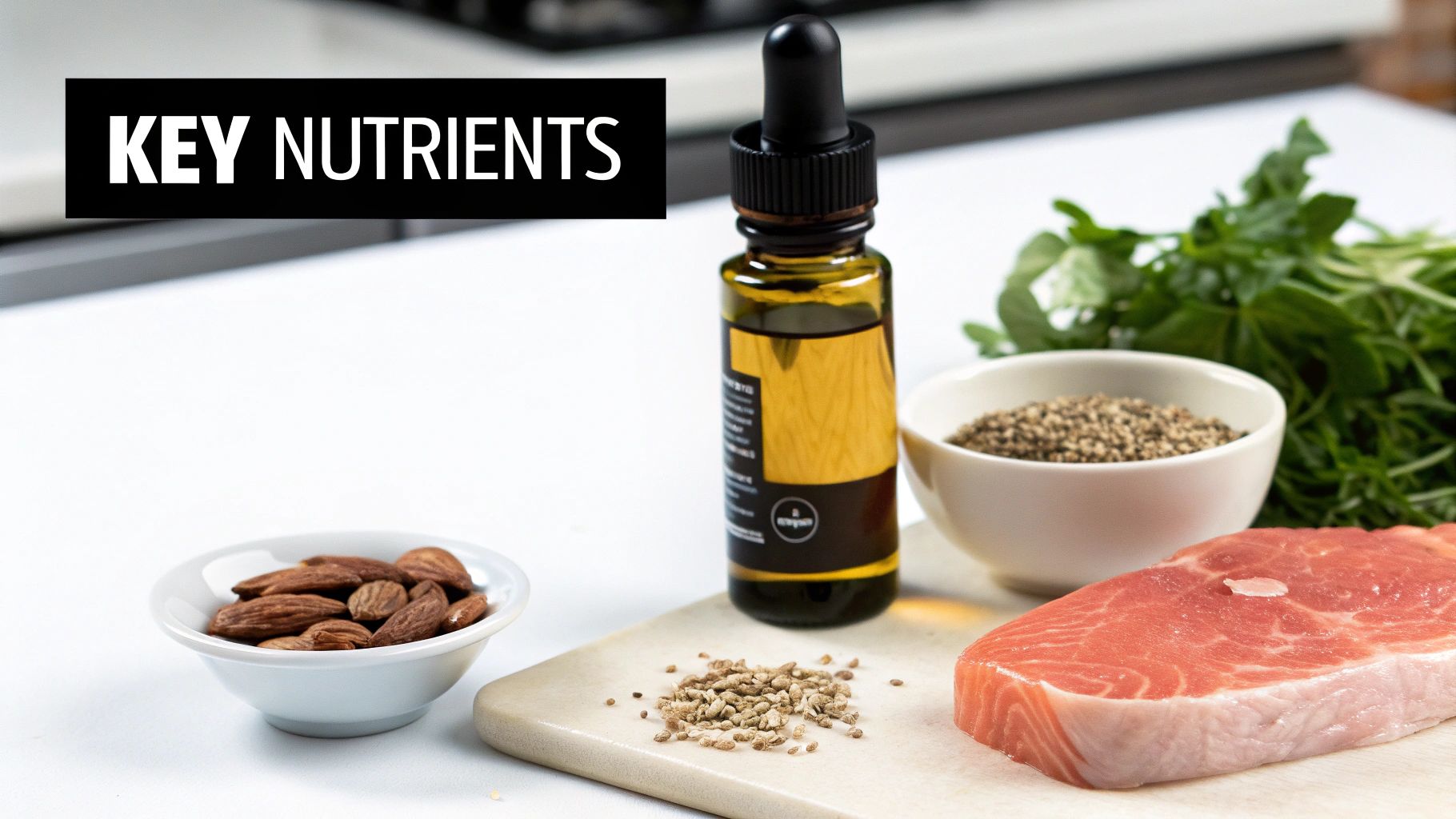 Various key nutrients including almonds, salmon, seeds, leafy greens, and a dropper bottle on a counter.