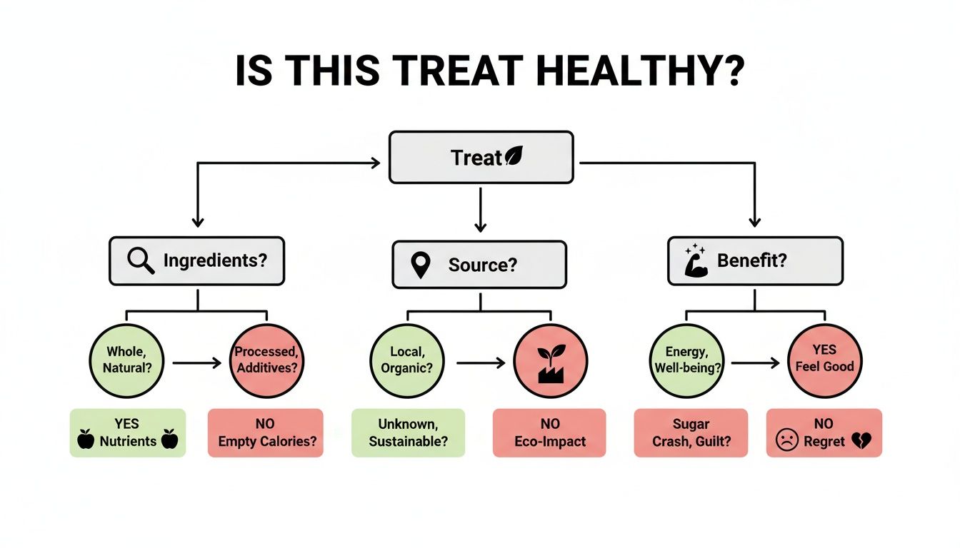 Flowchart evaluating whether a treat is healthy based on ingredients, source, and personal benefit.