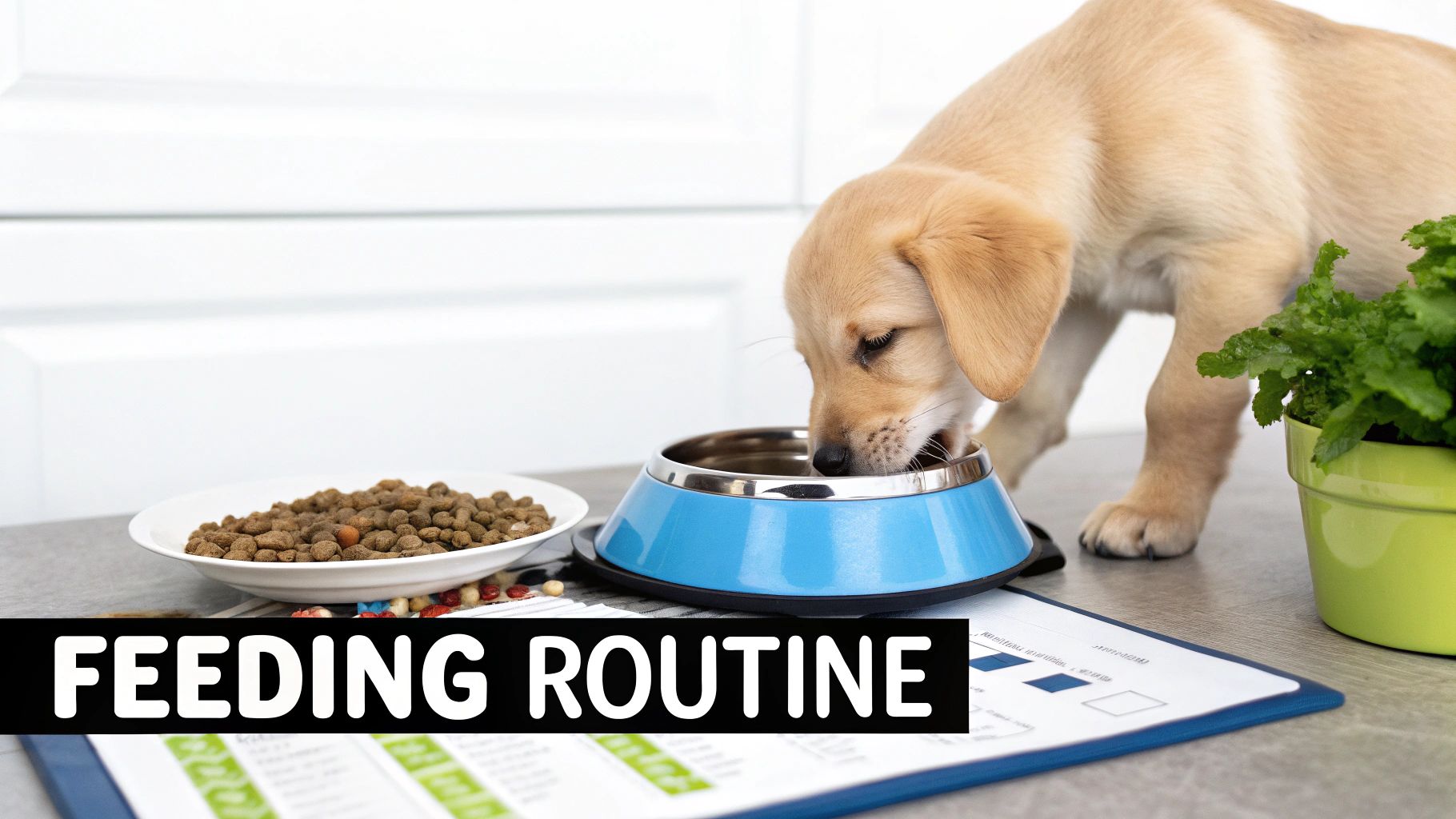 A cute golden retriever puppy eating kibble from a blue bowl, with 'FEEDING ROUTINE' text.