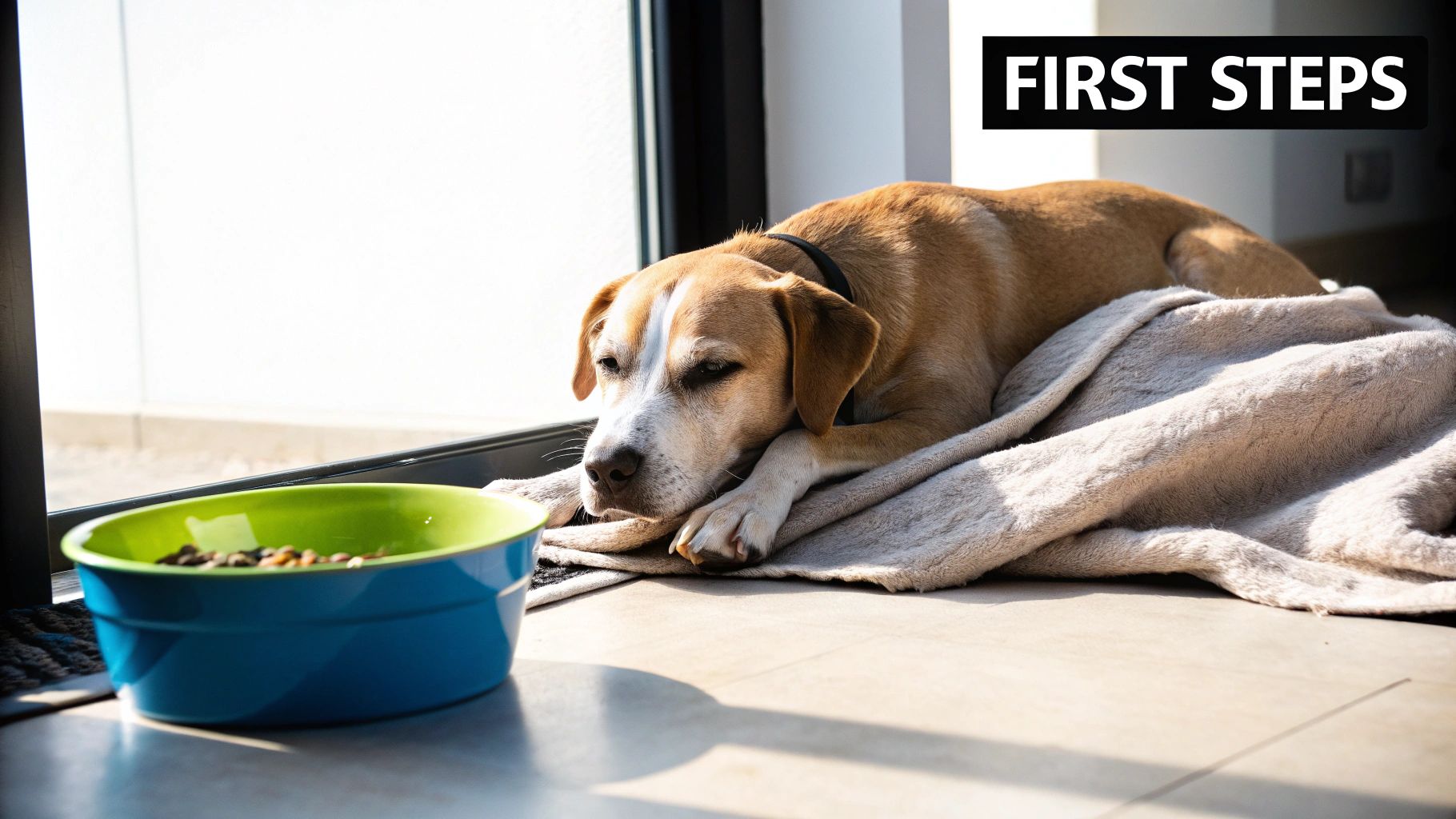 A brown and white dog rests on a blanket by a sunlit window, a food bowl visible nearby.