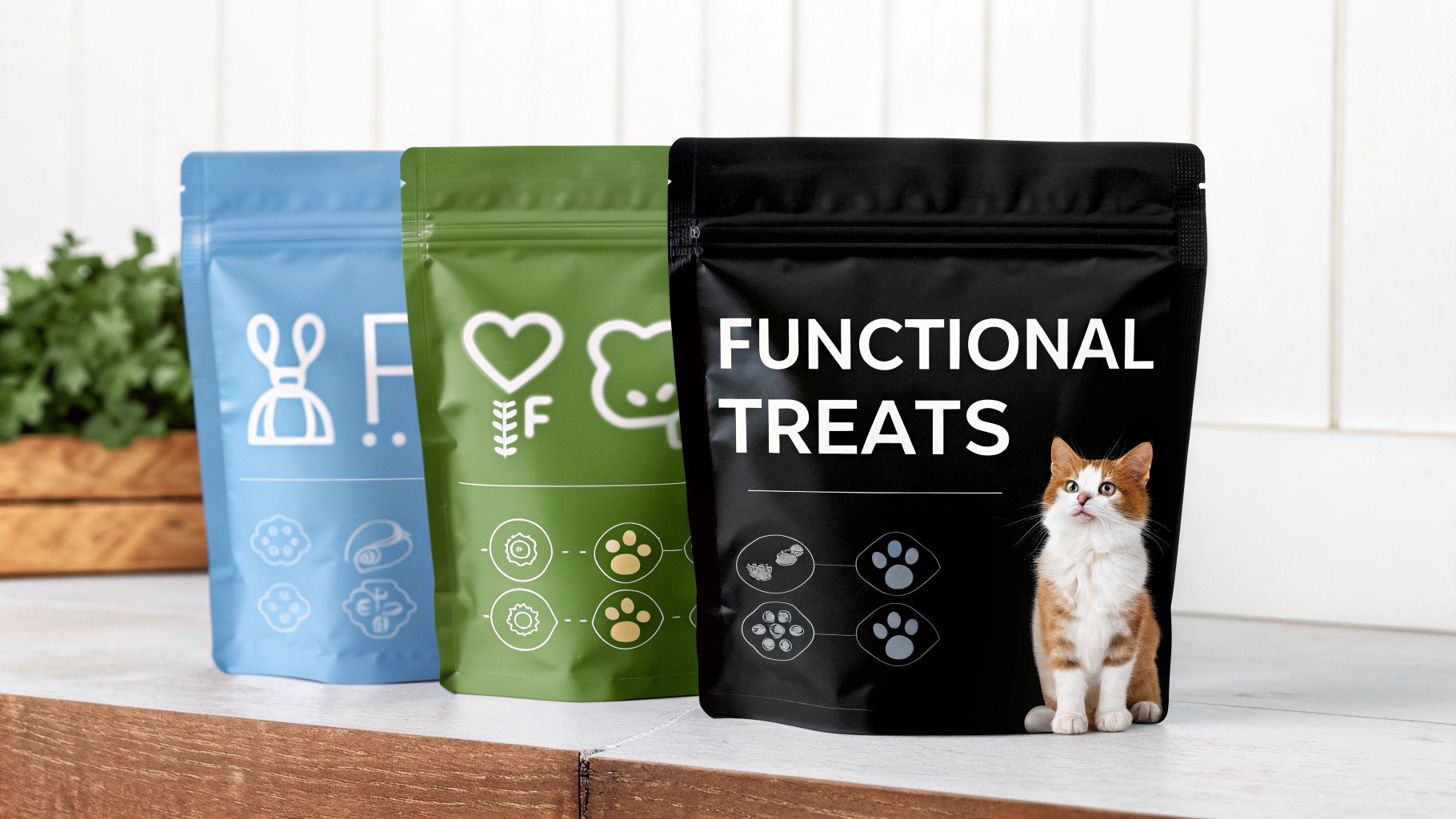 Three colorful pet treat pouches on a wooden counter with a cute ginger and white kitten.