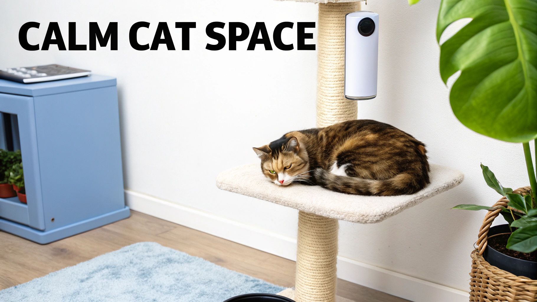 A relaxed cat lounging in a comfortable, well-organized living space.