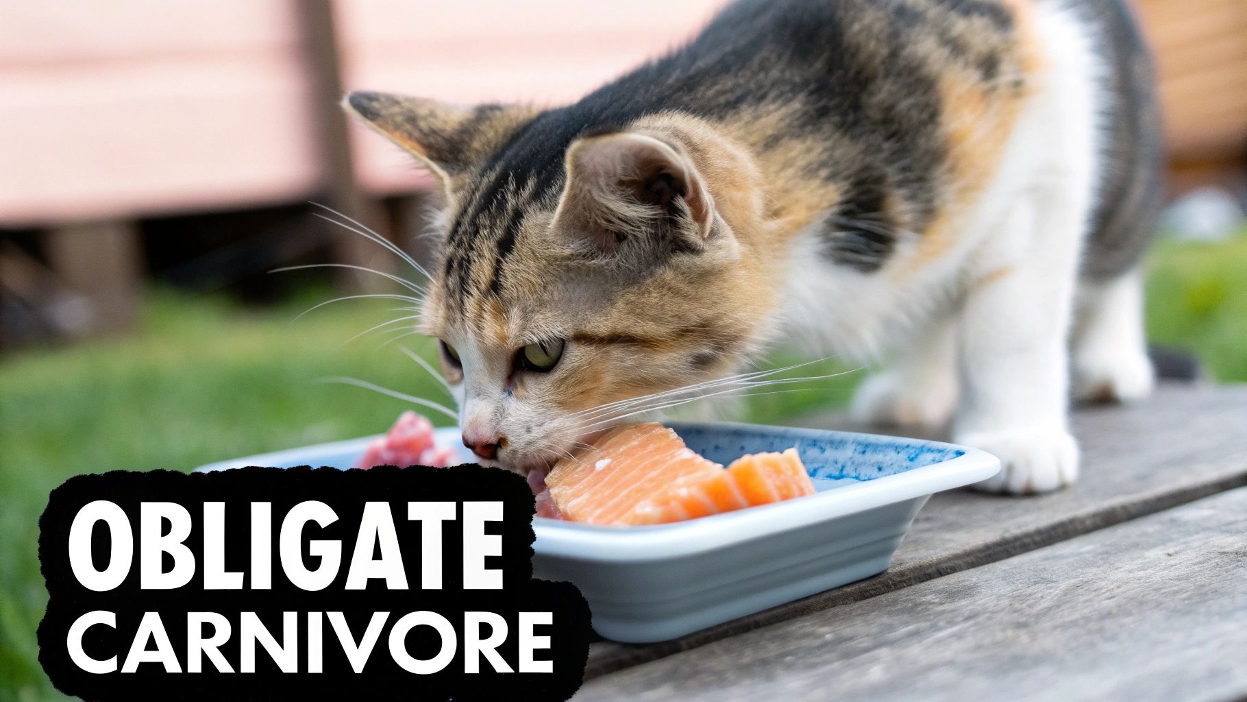 A calico cat eating raw salmon and other meat from a bowl on a wooden surface.