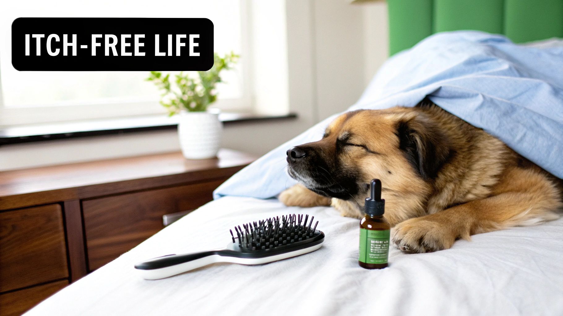 A calm dog sleeps on a white bed with a brush and dropper bottle, promoting an itch-free life.