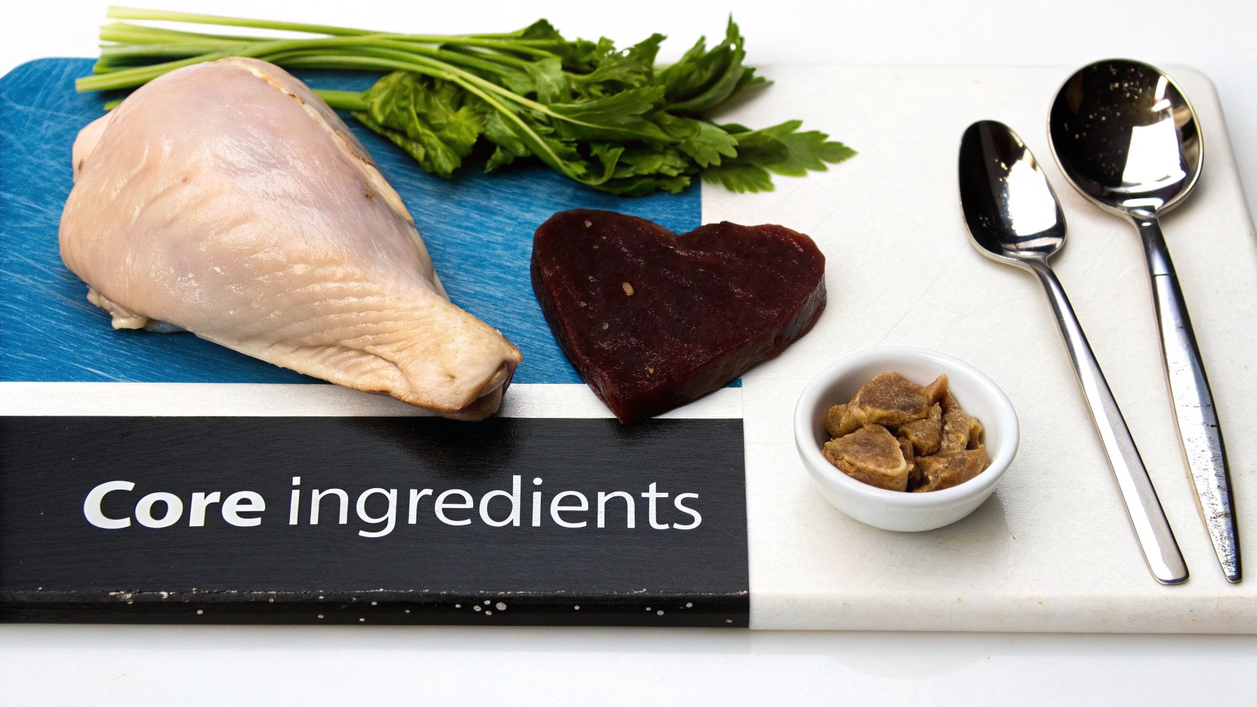 Close-up of raw ingredients for homemade cat food, including chicken thighs, liver, and hearts, neatly arranged on a cutting board.