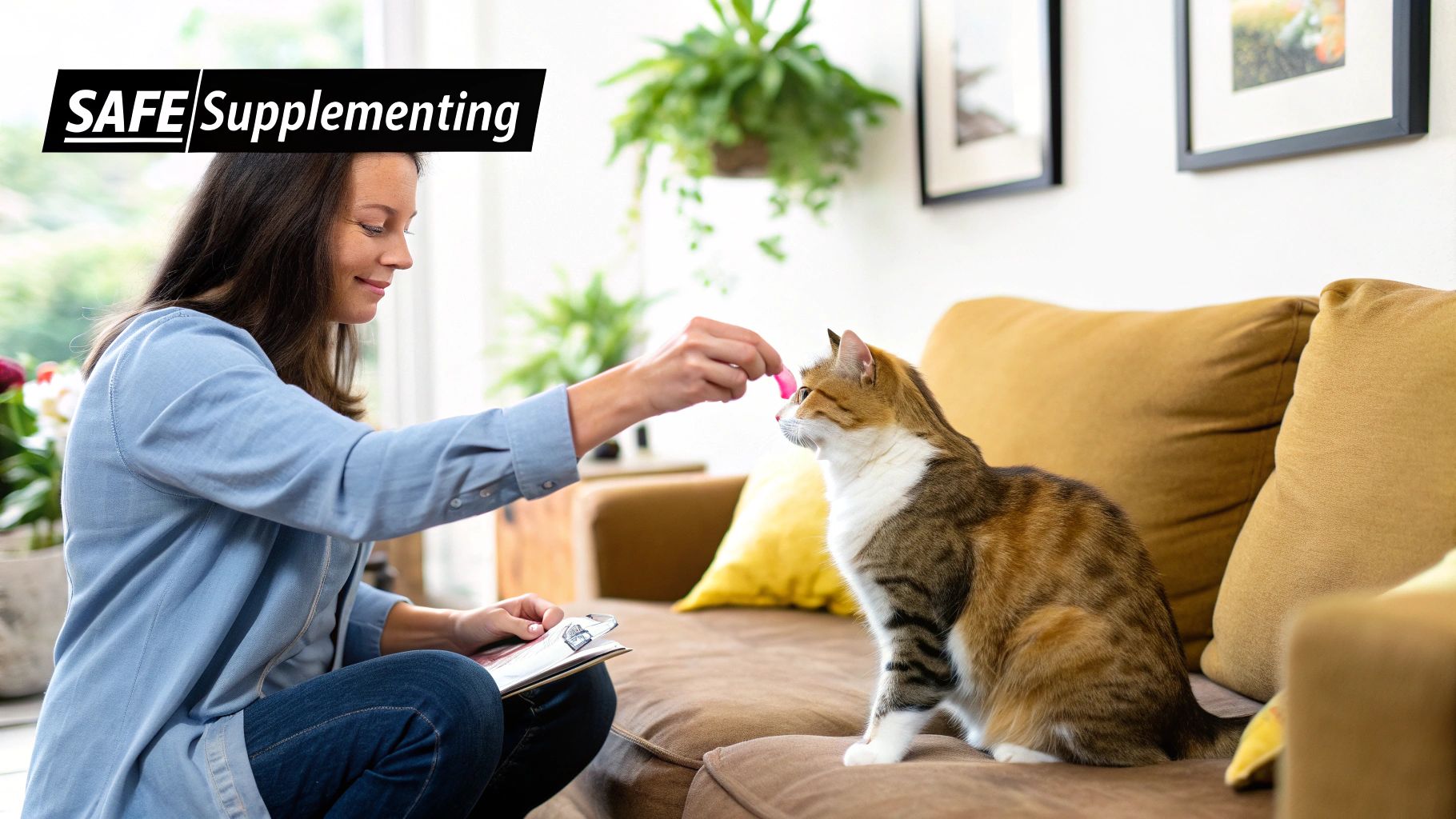 A person gently giving a cat a supplement chew from their hand.