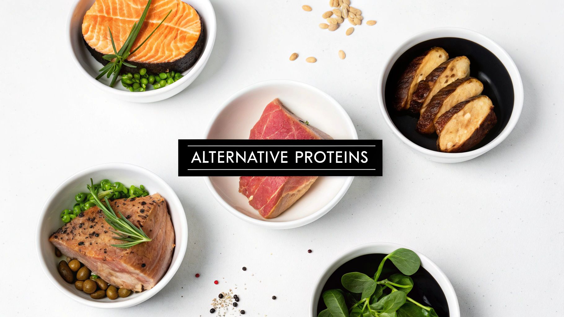 Bowls of salmon, tuna, mushrooms, and sprouts presented as alternative protein sources.