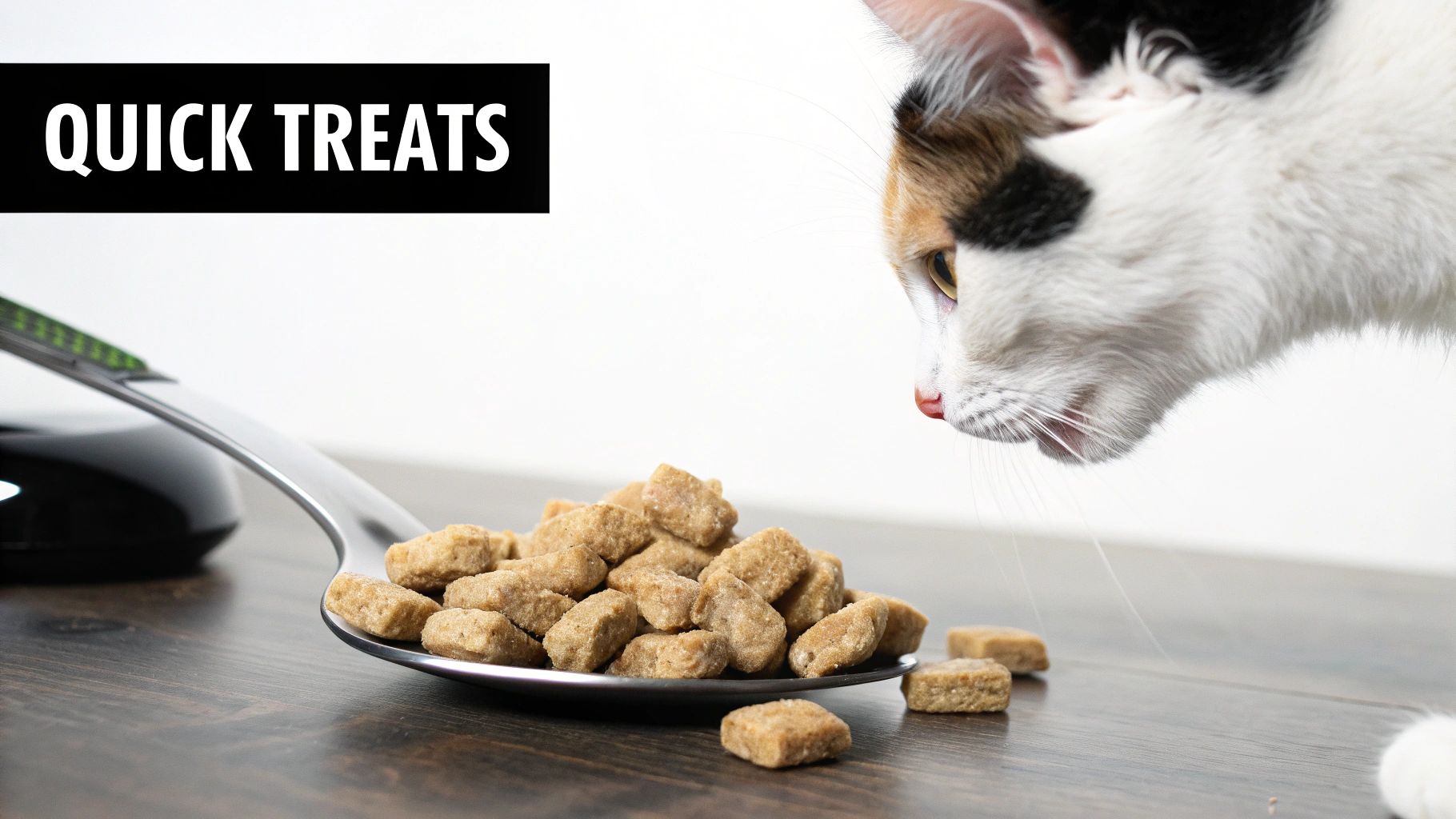 A small, soft cat treat being held between two fingers.