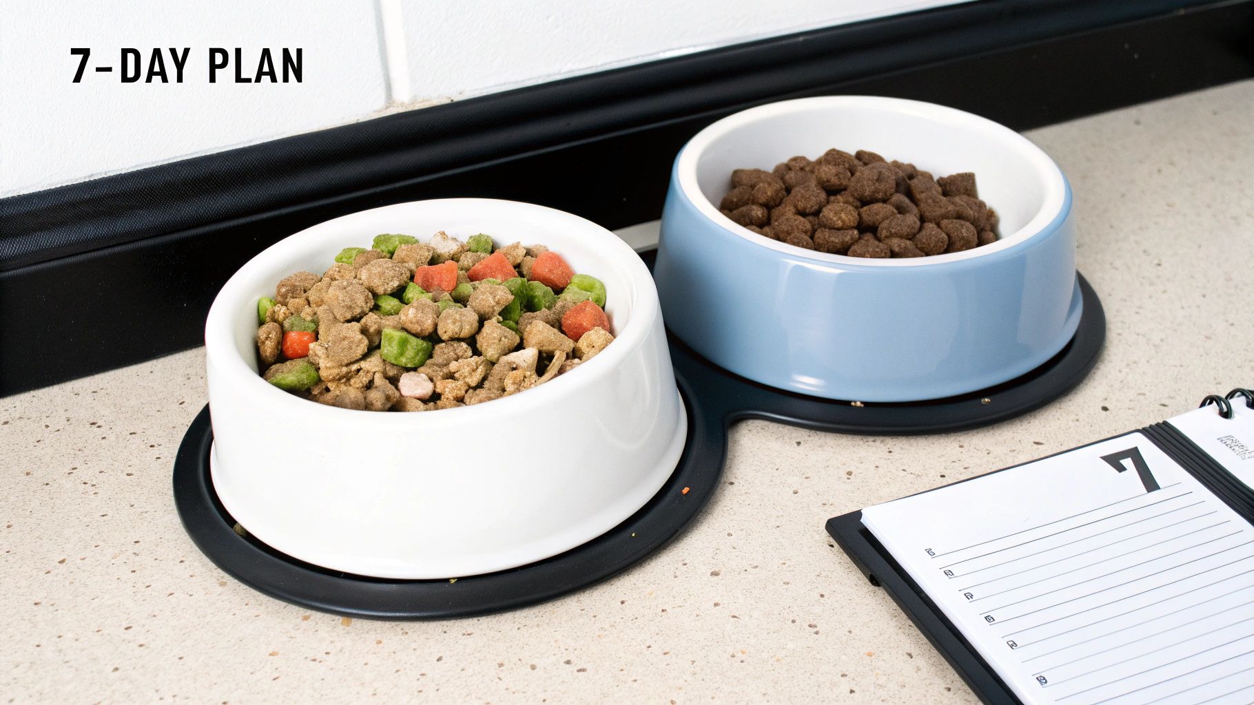 Two pet food bowls filled with different kibble sit on a counter, ready for a 7-day feeding plan.