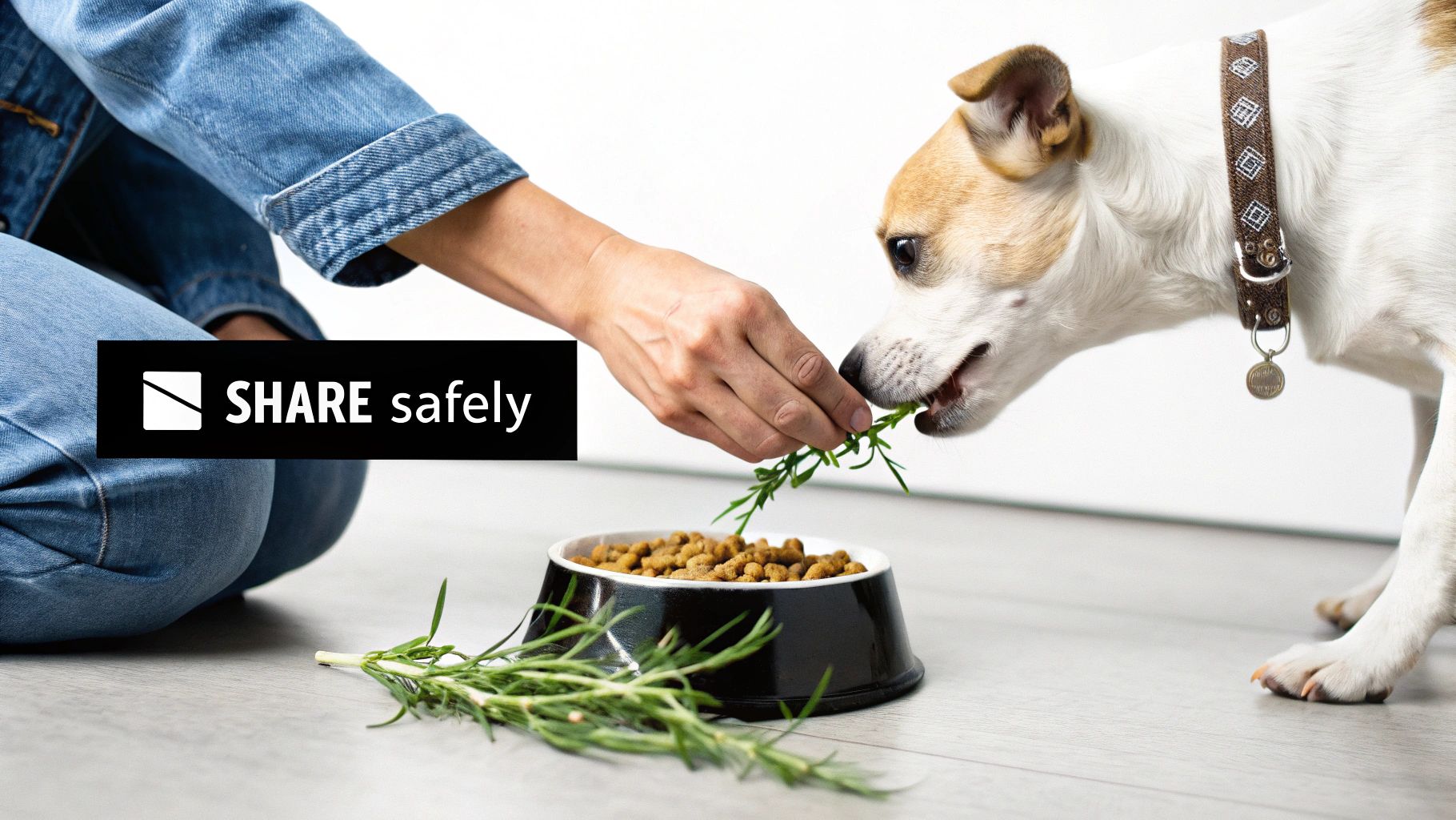 A person carefully chopping a small amount of fresh rosemary on a cutting board, with a dog looking on from the background.