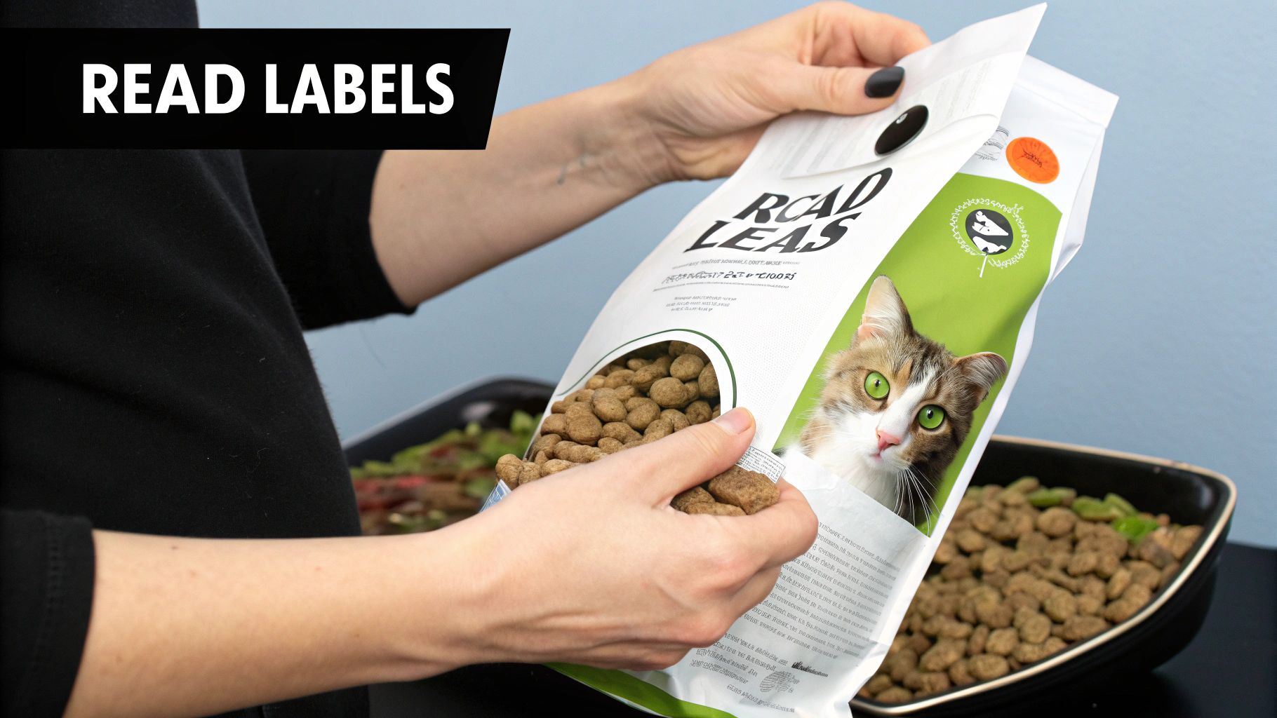 A person carefully reading the ingredient label on a bag of cat food.