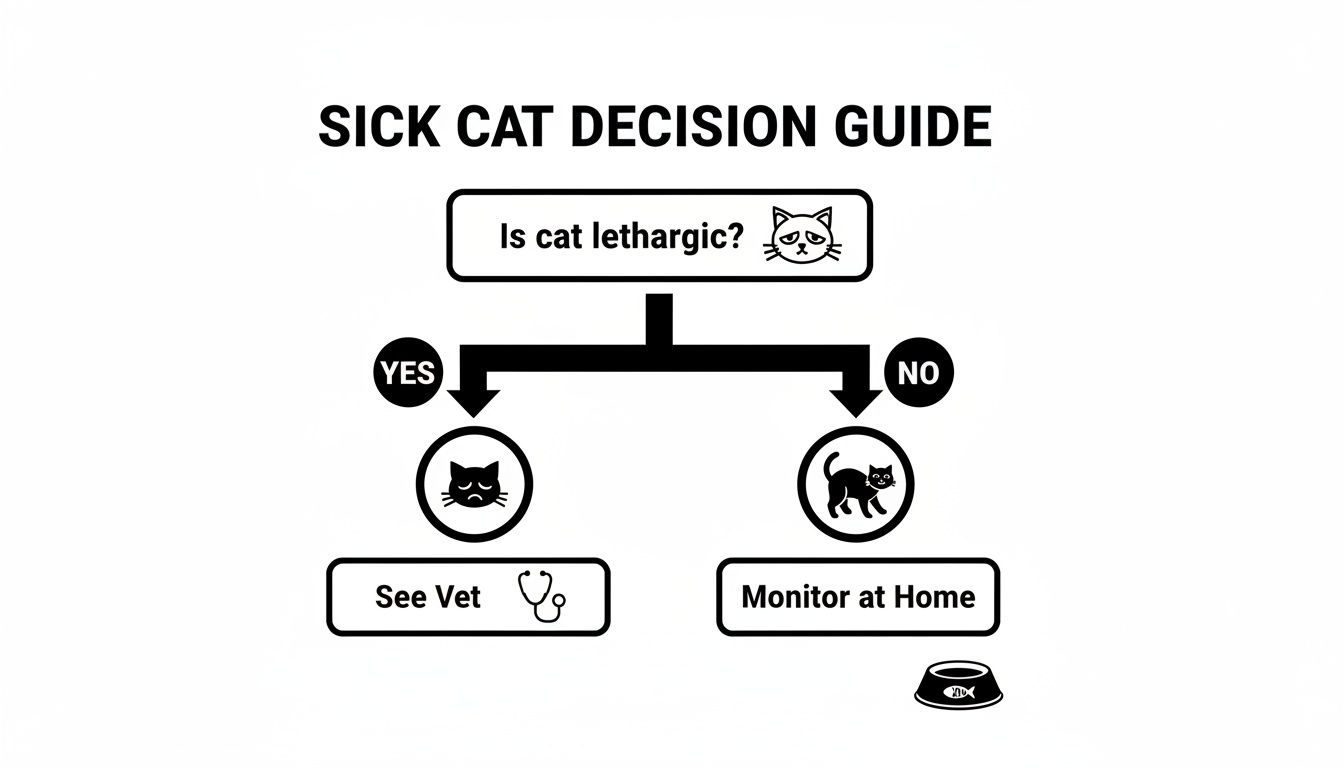 Flowchart titled 'Sick Cat Decision Guide'. If cat is lethargic, see vet. Otherwise, monitor at home.