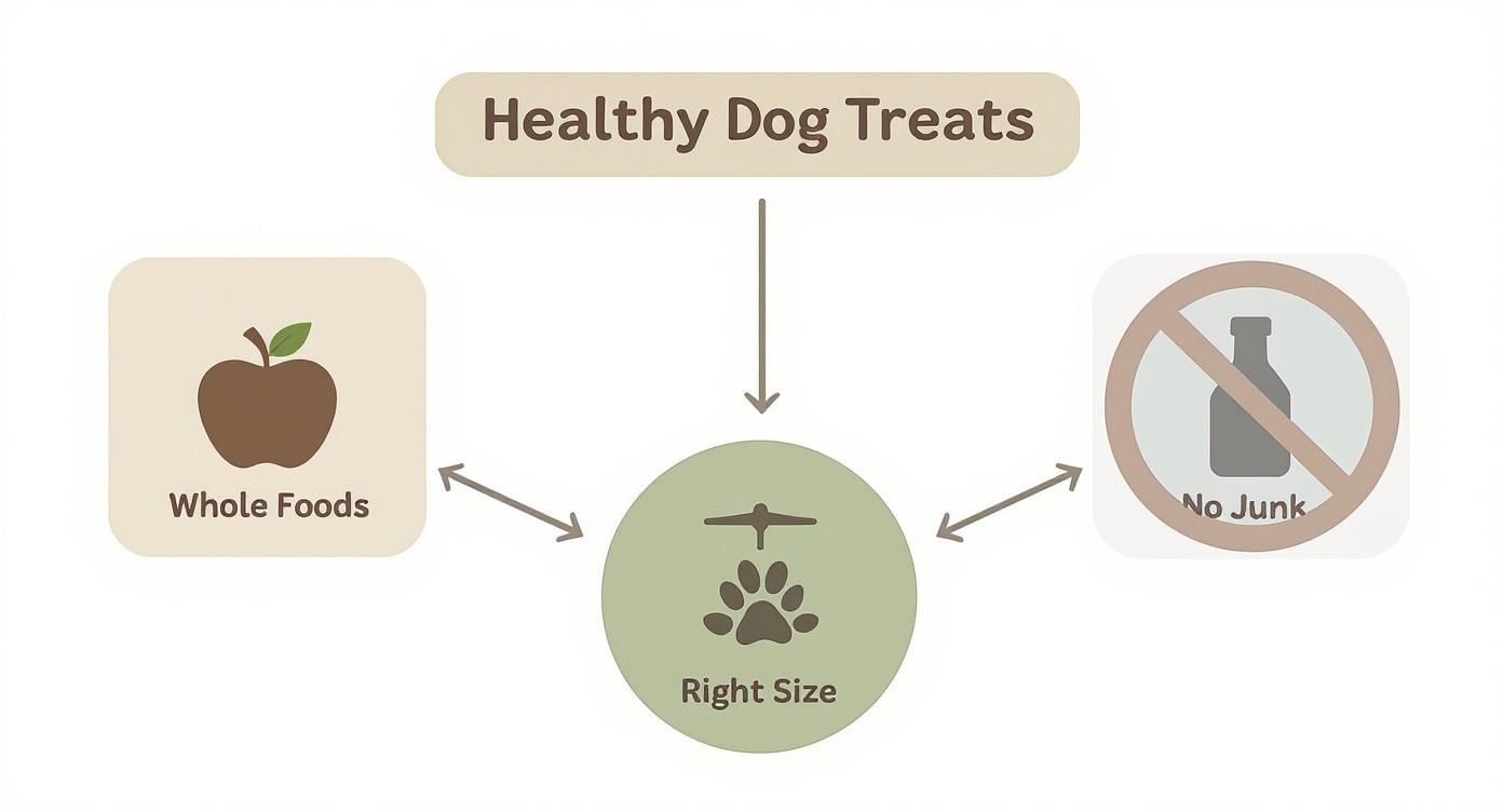 Diagram showing healthy dog treats components: whole foods, right size portions, and no junk ingredients