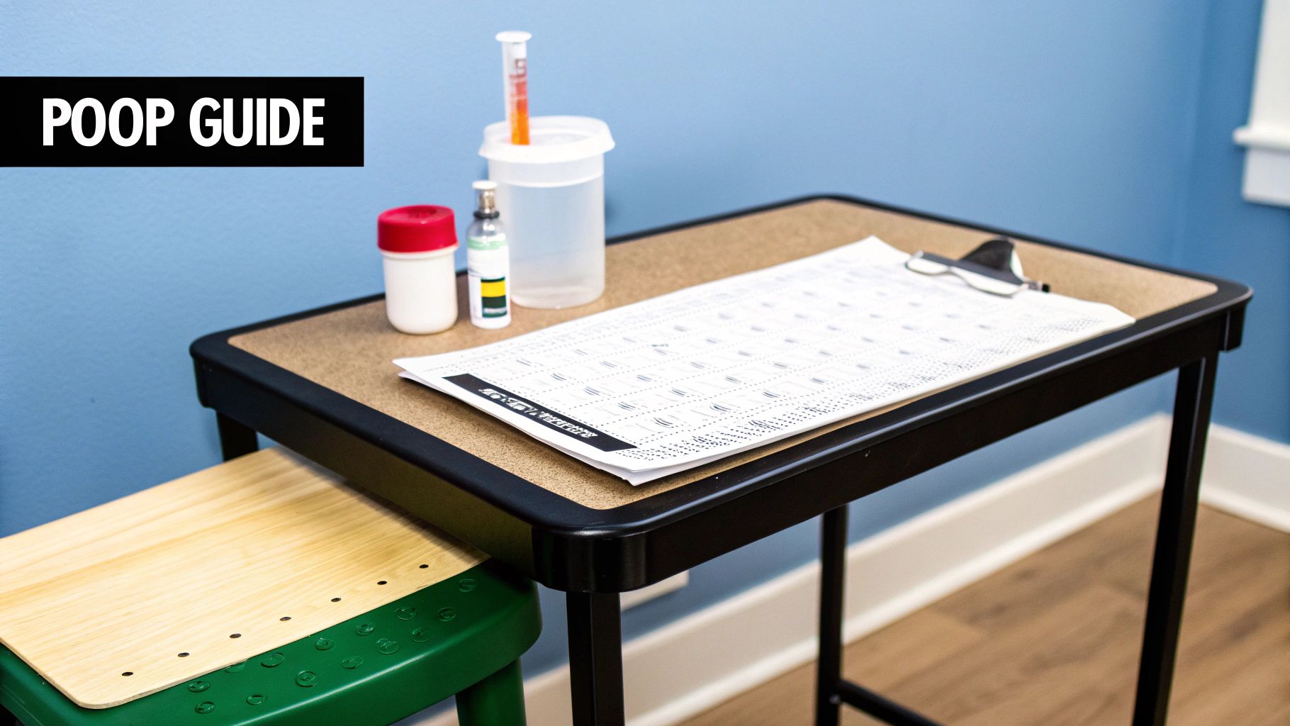 A table holding a "Poop Guide" sheet, medical vials, a syringe, and a sample cup.