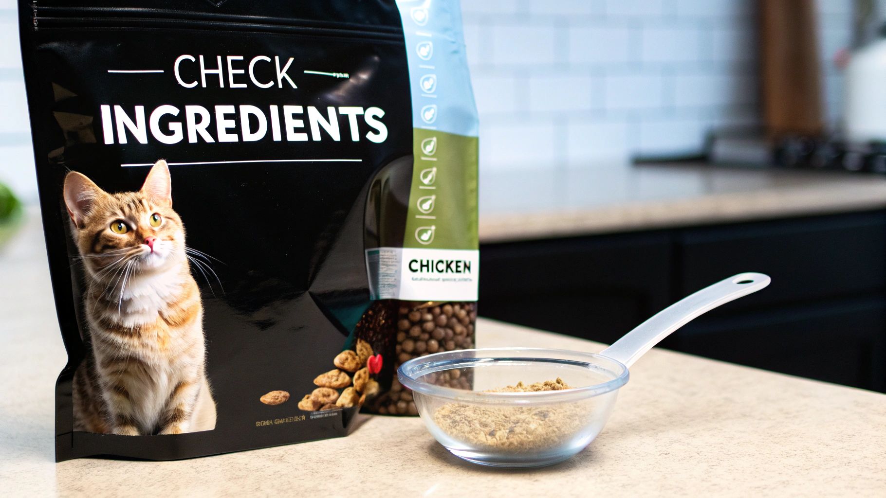 A bag of chicken cat food with a cat's picture, next to a bowl of dry food.